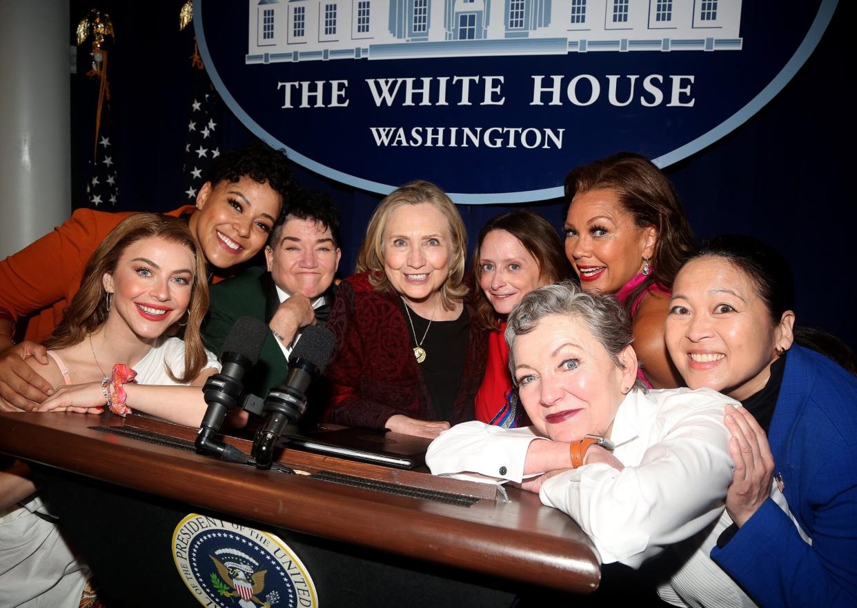 Julianne Hough, Lilli Cooper, Lea DeLaria, Hillary Clinton, Rachel Dratch, Julie White, Vanessa Williams and Suzy Nakamura pose backstage at the hit play "POTUS: Or, Behind Every Great Dumbass are Seven Women Trying to Keep Him Alive" on Broadway at The Shubert Theater on July 6, 2022 in New York City.