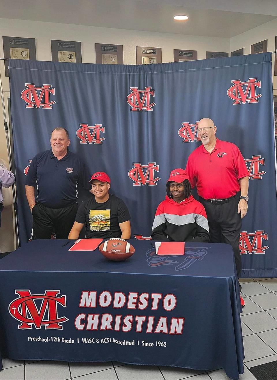Modesto Christian High football players Eli’jah Cook and Jesus Ontiveros signed letters of intent to play college football during the football regular signing period on Feb. 8, 2023. Modesto Christian High School Athletics