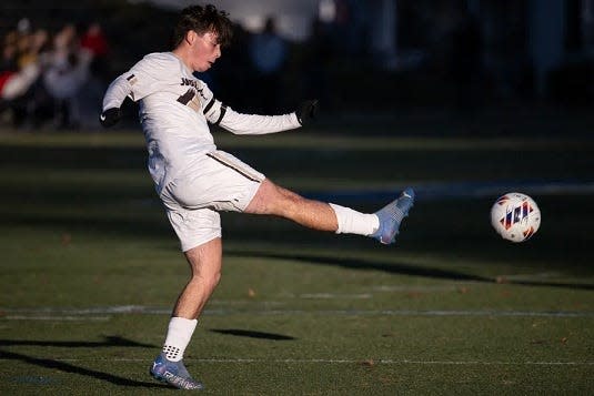 Westport's Ben Novo kicks the ball downfield against Douglas in the D5 state soccer final on Saturday November 18, 2023 at Doyle Field in Leominster.