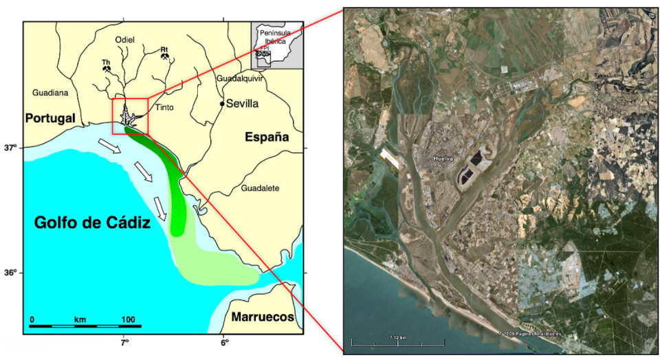 Mapa del golfo de Cádiz, estrecho de Gibraltar y mar Mediterráneo que muestra la pluma de contaminación procedente de los ríos Tinto y Odiel en el océano y detalle del estuario ría de Huelva. Author provided