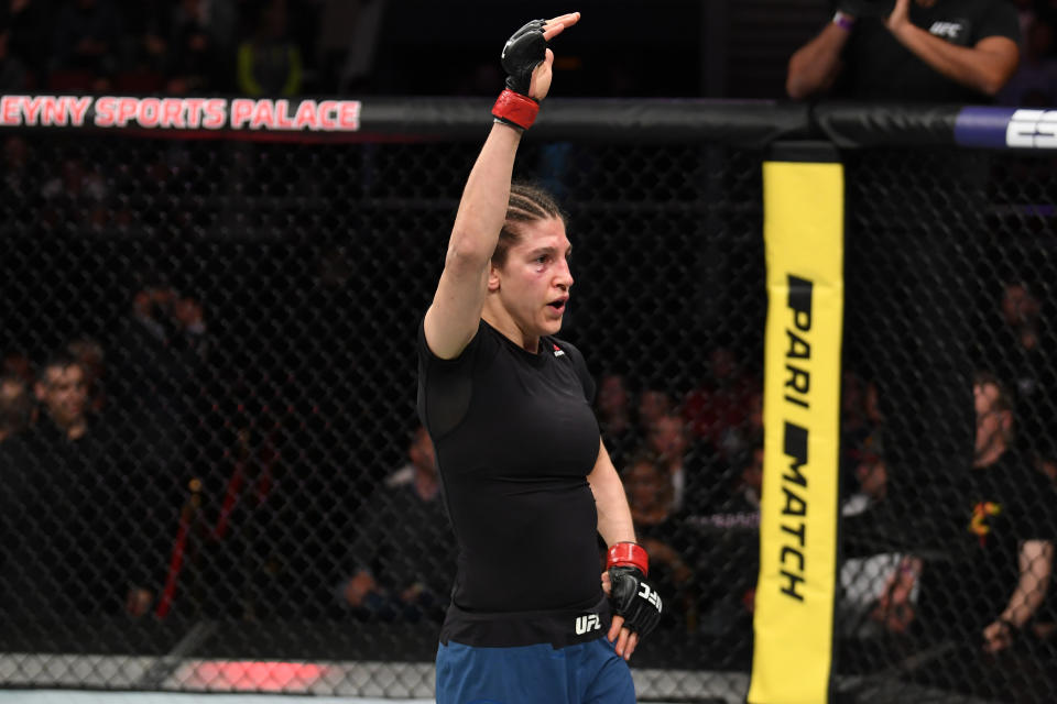 SAINT PETERSBURG, RUSSIA - APRIL 20:  Roxanne Modafferi reacts after the conclusion of her women's flyweight bout against Antonina Shevchenko of Kyrgyzstan during the UFC Fight Night event at Yubileyny Sports Palace on April 20, 2019 in Saint Petersburg, Russia. (Photo by Jeff Bottari/Zuffa LLC/Zuffa LLC via Getty Images)