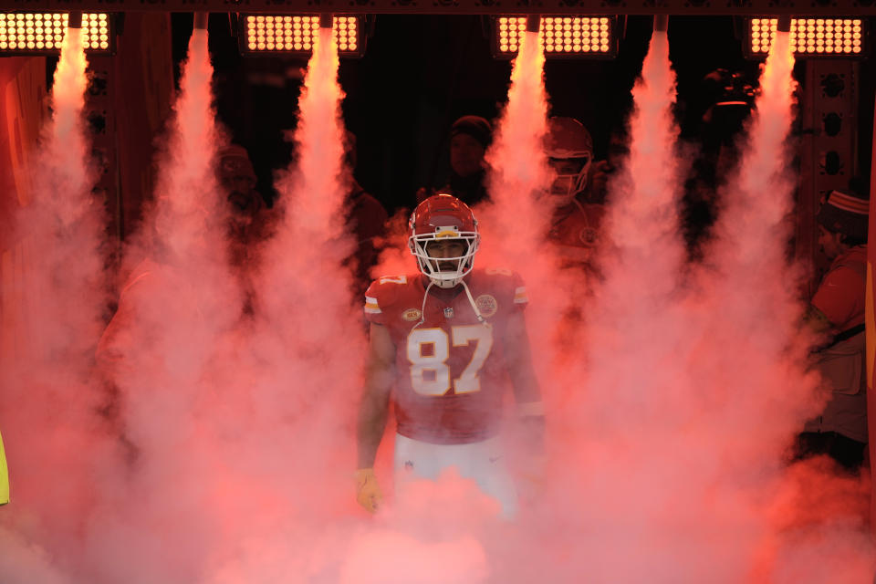 Kansas City Chiefs tight end Travis Kelce is introduced before the start of an NFL football game against the Cincinnati Bengals Sunday, Dec. 31, 2023, in Kansas City, Mo. (AP Photo/Charlie Riedel)