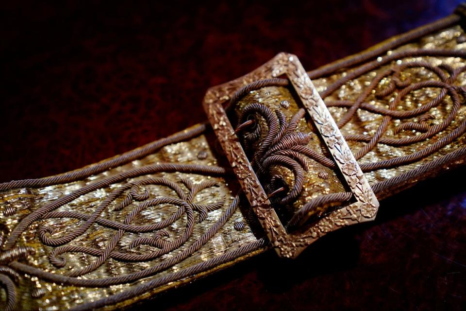 A view of the Coronation Sword Belt, which forms part of the Coronation Vestments and will be worn by Britain's King Charles during his coronation at Westminster Abbey (via REUTERS)