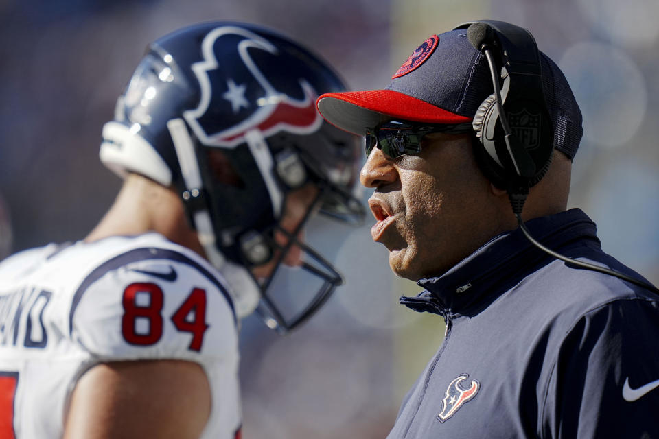 Houston Texans head coach DeMeco Ryans walks on the sidelines during the second half of an NFL football game against the Carolina Panthers, Sunday, Oct. 29, 2023, in Charlotte, N.C. (AP Photo/Rusty Jones)