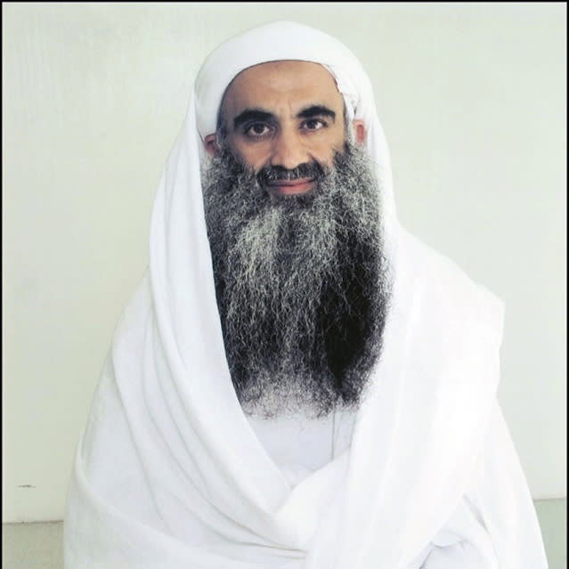 A February 2017 photo provided by his lawyers shows Khalid Sheikh Mohammed at Guantanamo Bay prison in Cuba.  On Friday, August 30, 2019, a military judge set January 11, 2021 for the start of the protracted war crimes trial of Mohammed and four others held at Guantanamo on charges of planning and aiding the September 11, 2001 terrorist attacks.  (Courtesy of Derek Potit via AP File)