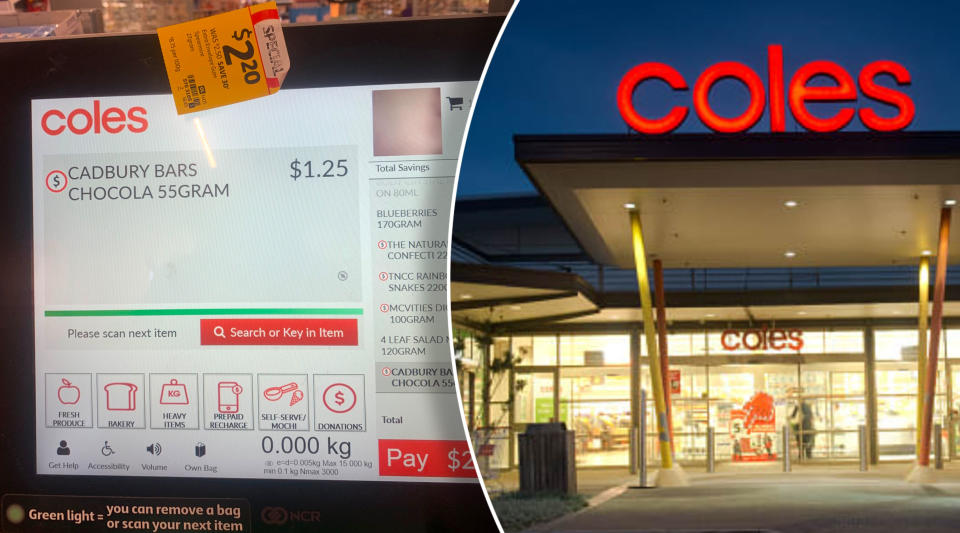 Coles self serve checkout with a special tag over the camera and an inset of the storefront