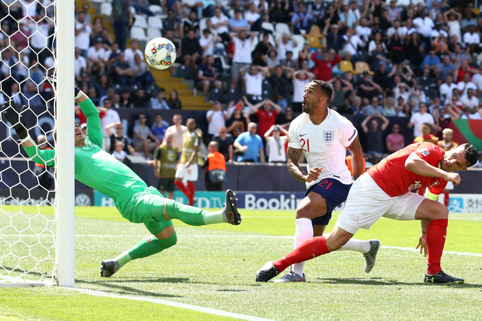 GUIMARAES, PORTUGAL - JUNE 09: Callum Wilson of England scores a goal which is later disallowed following a VAR check during the UEFA Nations League Third Place Playoff match between Switzerland and England at Estadio D. Afonso Henriques on June 09, 2019 in Guimaraes, Portugal. (Photo by Jan Kruger/Getty Images)