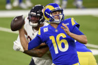 Los Angeles Rams quarterback Jared Goff (16) throws against the Chicago Bears during the first half of an NFL football game Monday, Oct. 26, 2020, in Inglewood, Calif. (AP Photo/Kelvin Kuo)