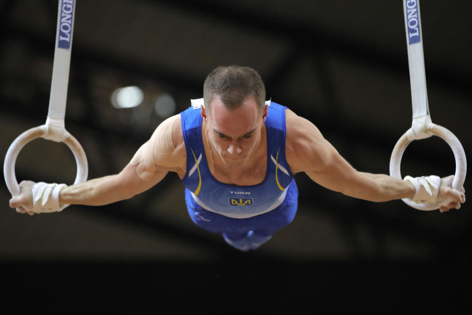 Ukraine's Oleg Verniaiev performs on the rings during the Men's All-Around Final of the Gymnastics World Chamionships at the Aspire Dome in Doha, Qatar, Wednesday, Oct. 31, 2018. (AP Photo/Vadim Ghirda)