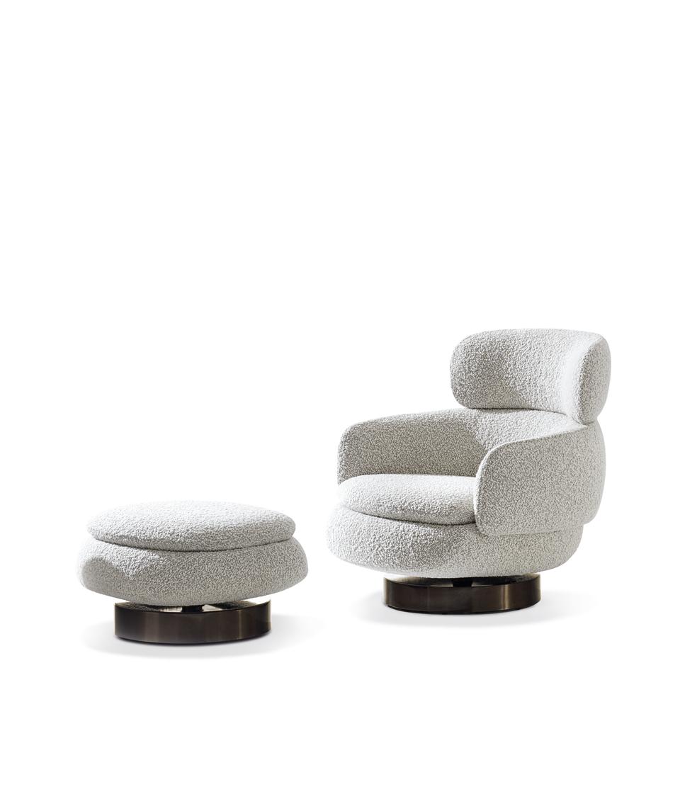 Milan Design Week Minotti Vivienne white accent chair with foot stool