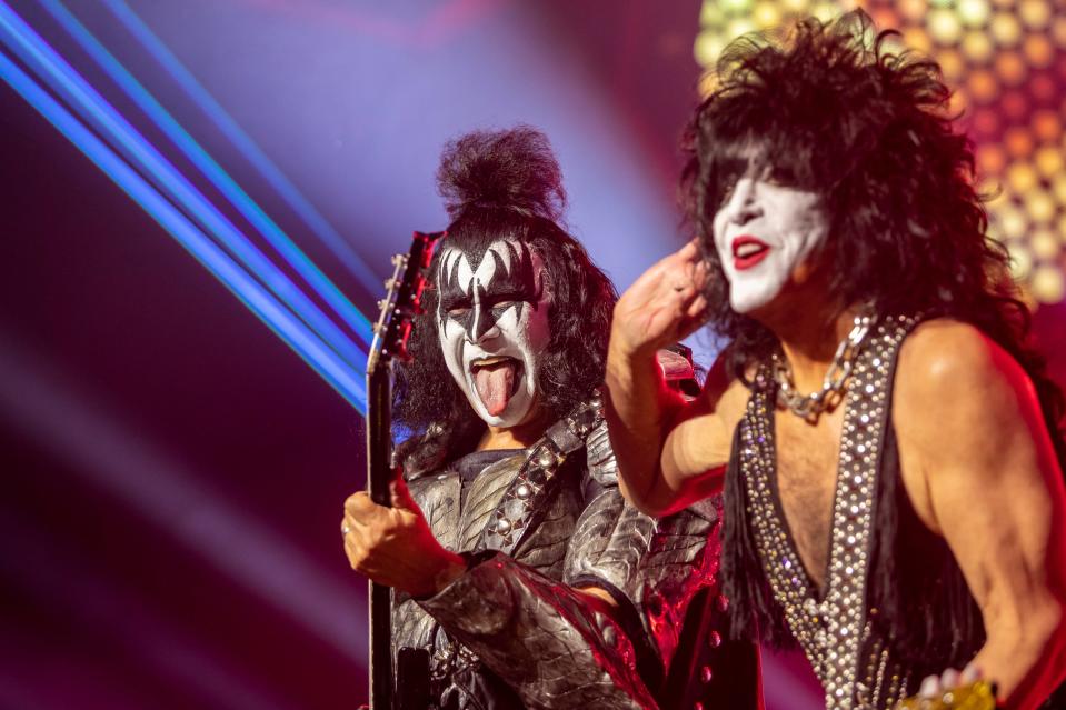 KISS bass guitarist Gene Simmons (left) and guitarist Tommy Thayer perform for the crowd during their show at Acrisure Arena in Palm Desert, Calif., Wednesday, Nov. 1, 2023.