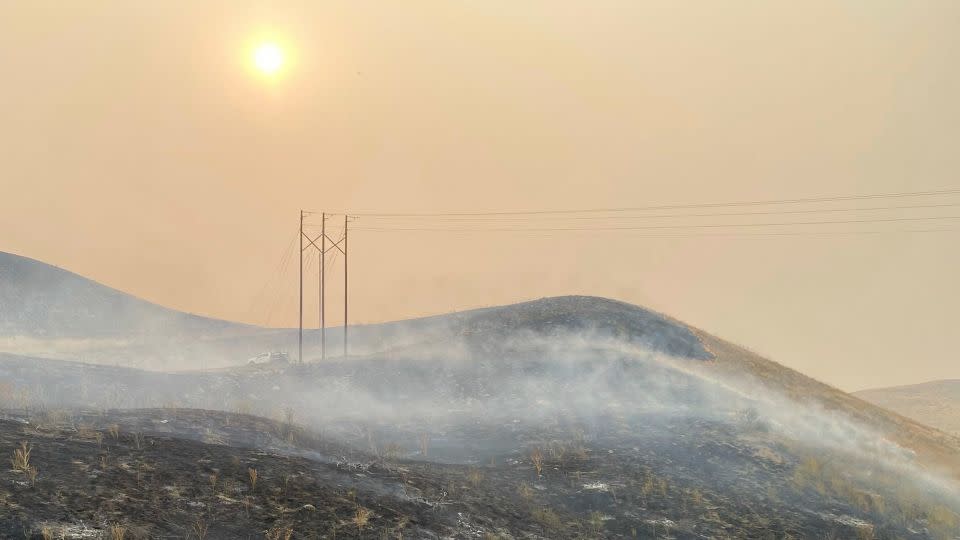 In this image provided by the Oregon Department of Transportation, shows an area burned by the Durkee fire near Interstate 84 close to Huntington, Oregon, on July 23, 2024. - Oregon Department of Transportation/AP