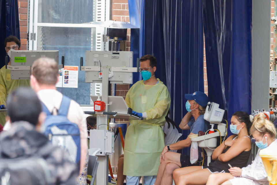 A general view of Royal Prince Alfred Hospital main entrance with a police presence on January 10, 2022 in Sydney, Australia