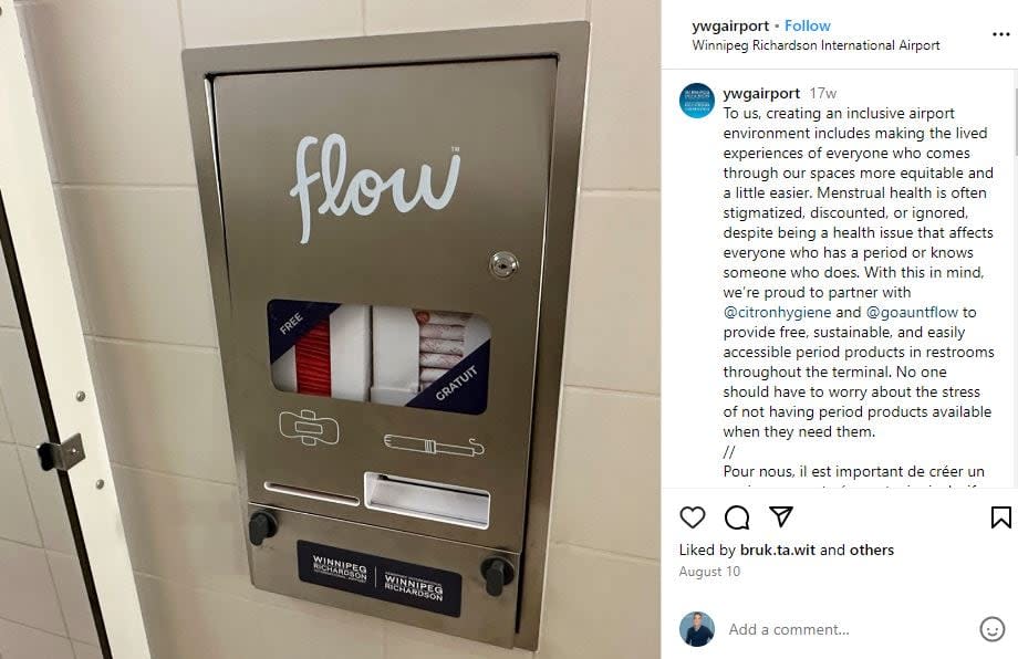 In a post on its Instagram account, the Winnipeg Airport Authority showed off one of its recently installed free menstrual product dispensers. As of December 15 Canadian airports must, under most circumstances, provide free menstrual products in their employee washrooms. 