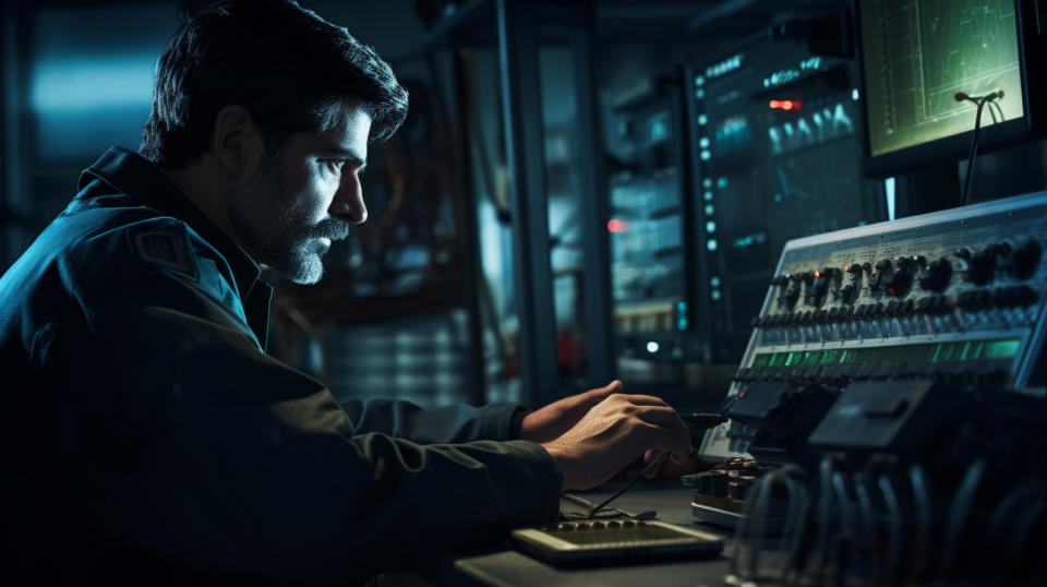 An engineer testing an RF remote control in a secure laboratory.