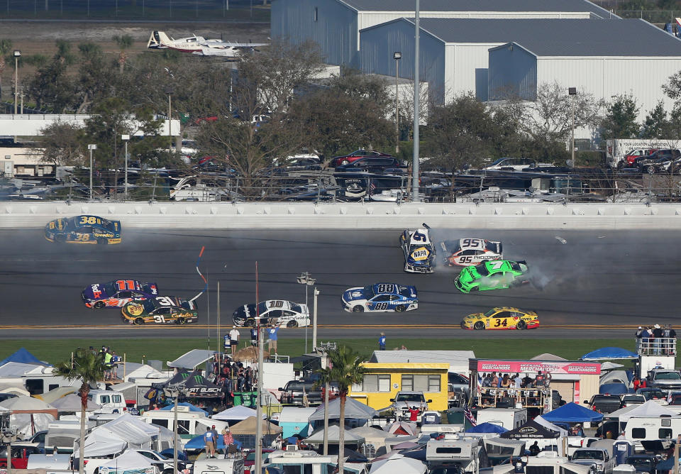 A wreck in the middle of stage 2 of the 2018 Daytona 500 collected Chase Elliott, Danica Patrick and others.