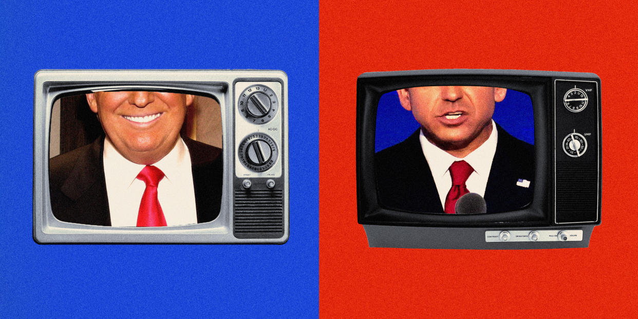 Donald Trump and Ron DeSantis' face inside TV screens  (Leila Register / NBC News; Getty Images)