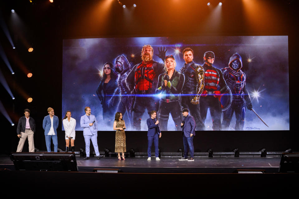 D23 EXPO 2022 - The Ultimate Disney Fan Event presented by VISA - brings together all the worlds of Disney under one roof for three packed days of presentations, pavilions, experiences, concerts, sneak peeks, shopping, and more. The event, which takes place September 9, 10, and 11 at the Anaheim Convention Center, provides fans with unprecedented access to Disney films, series, games, theme parks, collectibles, and celebrities. (The Walt Disney Company via Getty Images)
Sebastian Stan, Wyatt Russell, Hannah John-Kamen, David Harbour, Julia Louis-Dreyfus, Jake Scheier, Kevin Feige (President, Marvel Studios)