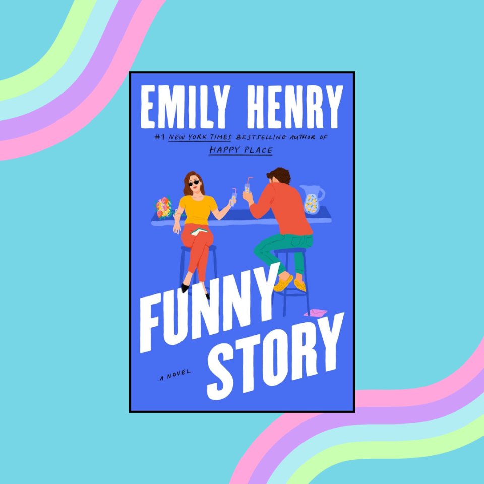 Book cover of "Funny Story" featuring animated characters toasting drinks