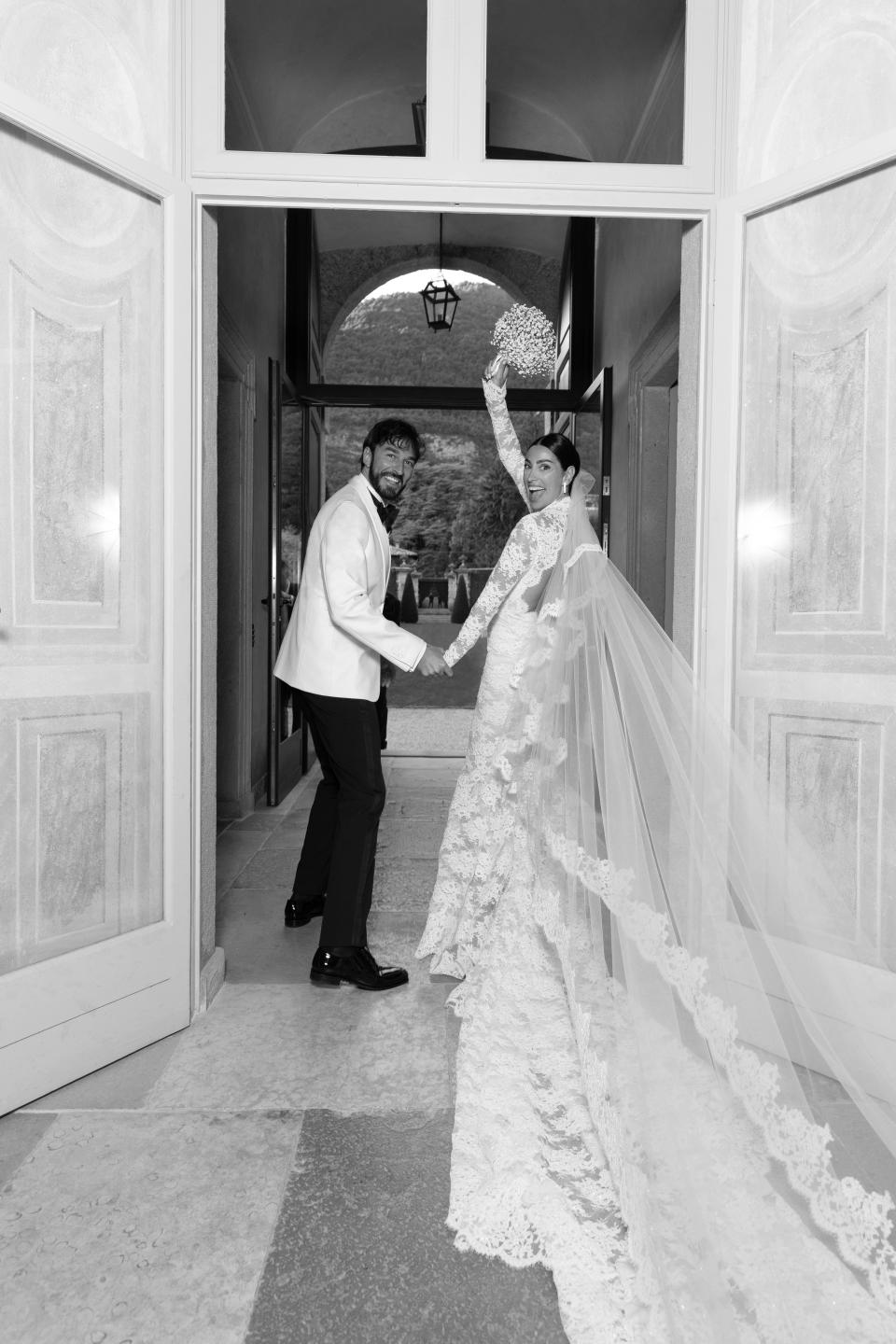 Giorgia Gabriele Wore a Custom Off-White Wedding Dress With a 26-Foot Train to Her Ceremony on Lake Como