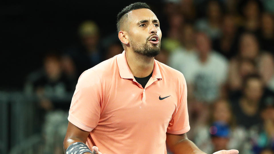 Nick Kyrgios is pictured arguing with chair umpire Renaud Lichtenstein at the Australian Open.