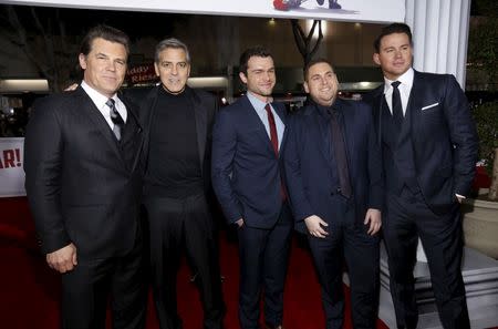 Cast members (L-R) Josh Brolin, George Clooney, Alden Ehrenreich, Jonah Hill and Channing Tatum pose at the premiere of "Hail, Caesar!" in Los Angeles, California February 1, 2016. The movie opens in the U.S. on February 5. REUTERS/Mario Anzuoni