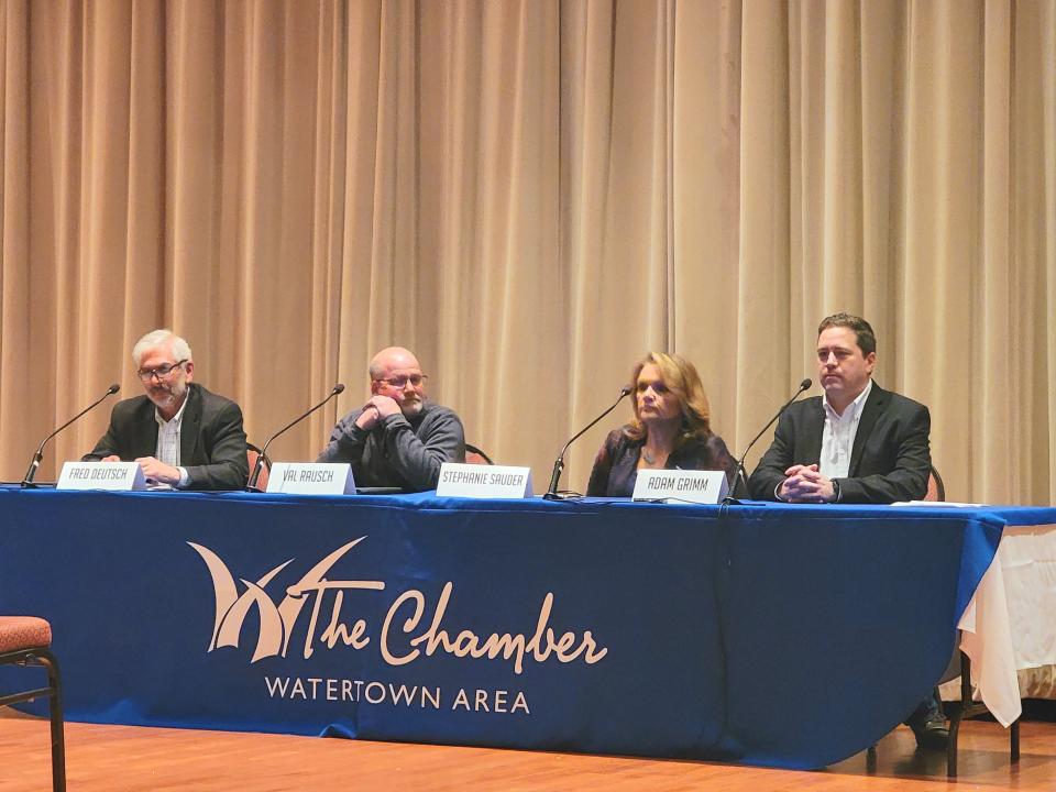 Primary GOP District 4 House candidates Fred Deutsch, left, Val Rausch, Stephanie Sauder and Adam Grimm addressed issues concerning Tuesday's candidate forum.