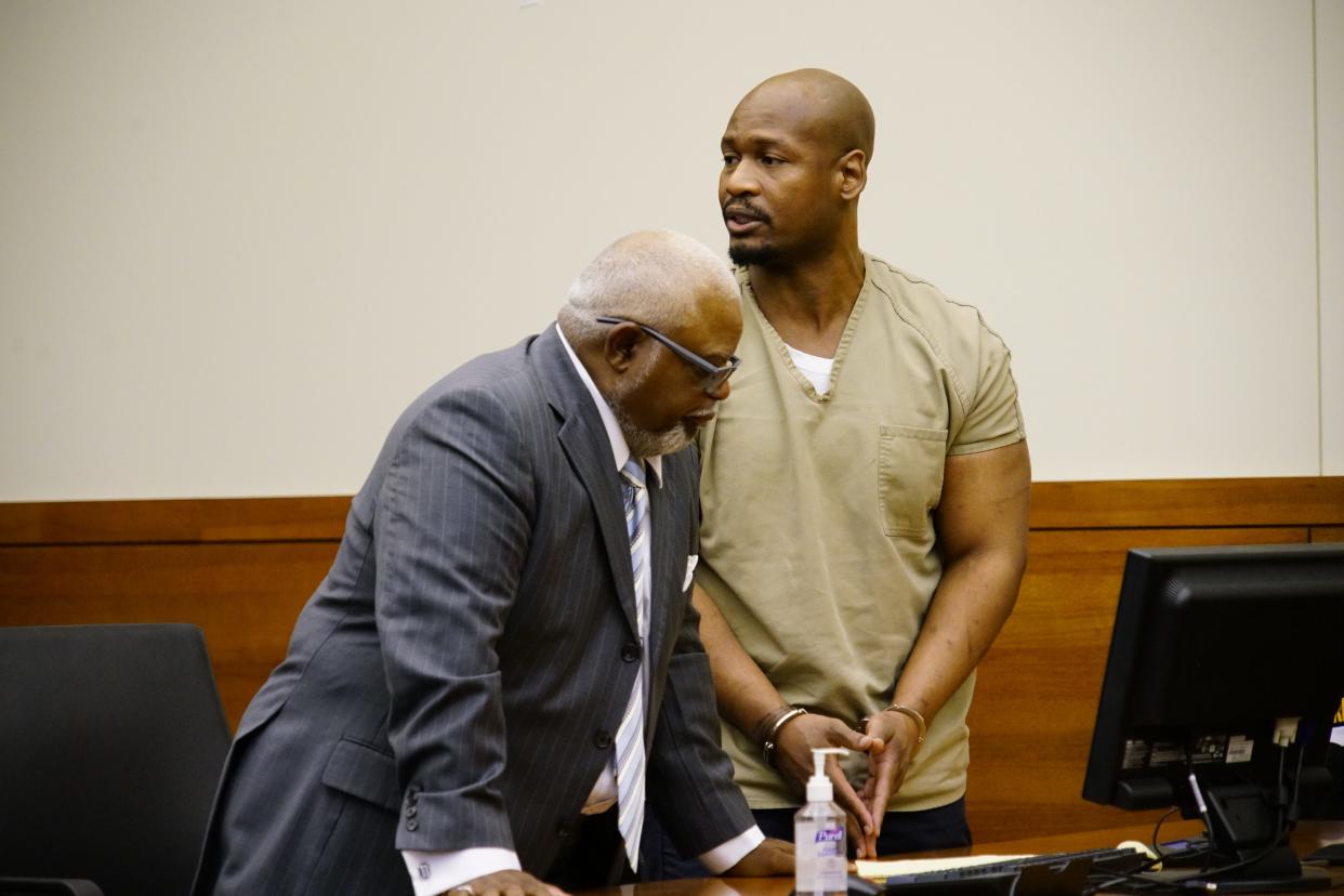 Ernest Murphy, 35, appearing Monday, Aug. 21, 2023 in Franklin County Common Pleas Court with his attorney, Larry Thomas, left, apologized to the family of Kyle William Stewart, whom Murphy fatally stabbed on April 22, 2019 outside an East Side convenience store. Murphy turned to Stewart's family seated in the gallery of the courtroom as he said, “I wish I could take this situation back." Murphy pleaded guilty to involuntary manslaughter and was sentenced Monday to 20 to 25 ½ years in prison.