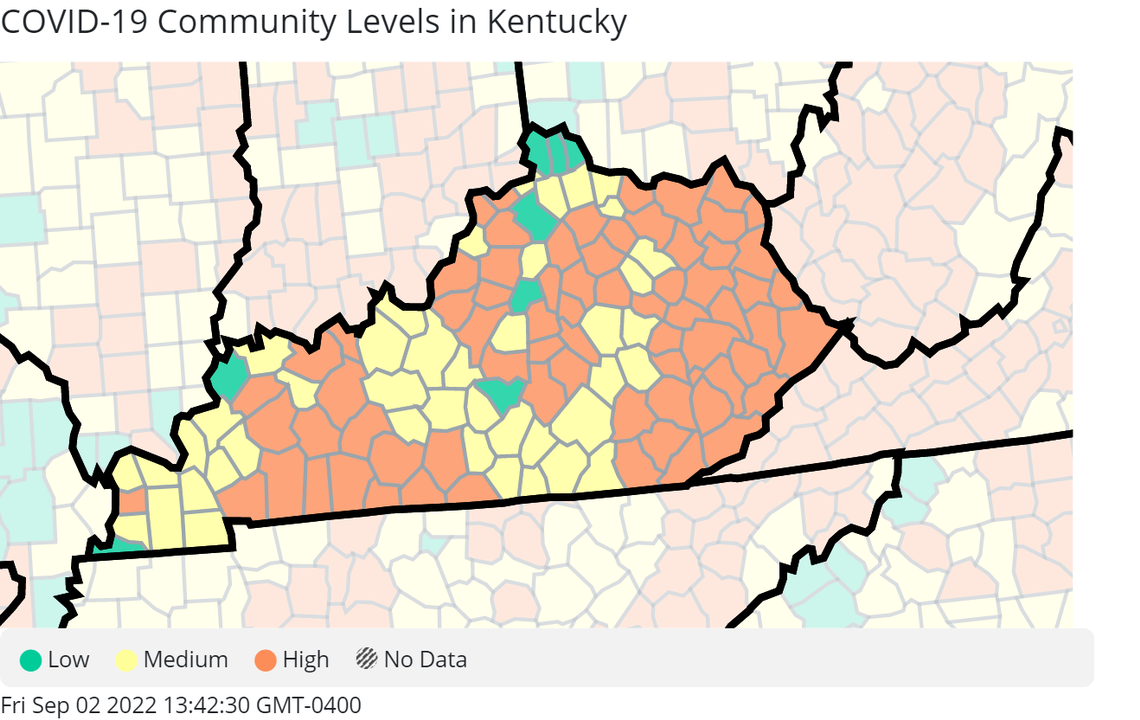 Kentucky’s COVID-19 Community Levels, as of Thursday, Sept. 1, 2022.
