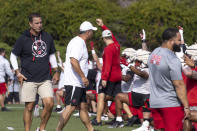 Wisconsin head coach Luke Fickell watches his players during the second day of football training camp at UW-Platteville in Platteville, Wis., Thursday, Aug. 3, 2023. (Samantha Madar/Wisconsin State Journal via AP)