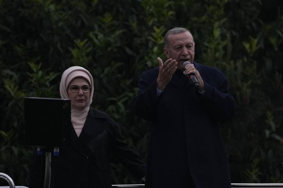 President Recep Tayyip Erdogan delivers a speech to supporters outside his residence in Istanbul, Turkey, Sunday, May 28, 2023. Turkey's incumbent President Recep Tayyip Erdogan has declared victory in his country's runoff election, extending his rule into a third decade. (AP Photo/Francisco Seco)