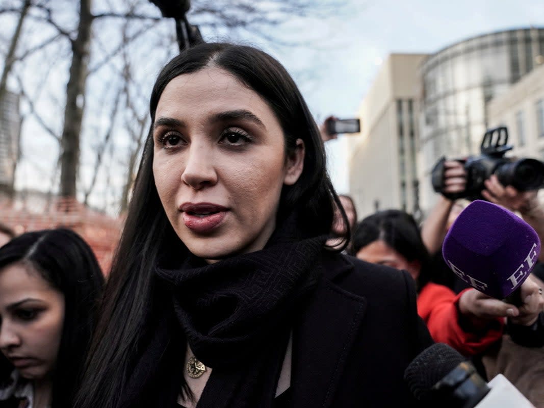 Emma Coronel Aispuro, the wife of Joaquin Guzman, the Mexican drug lord known as ‘El Chapo’, exits the Brooklyn Federal Courthouse during his trial in the Brooklyn borough of New York, US, 5 February 2019 (REUTERS)