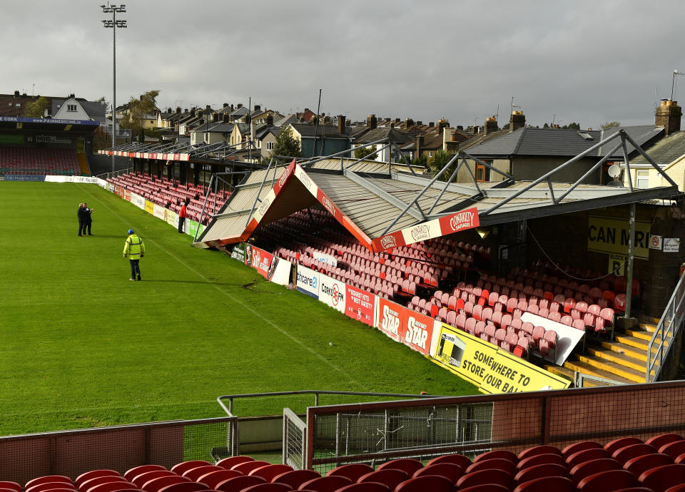 A view of the damage to the Derrynane Stand at Turners Cross Stadium.