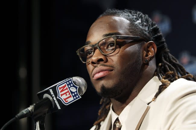 Alabama running back Trent Richardson speaks to reporters after being selected as the third pick overall by the Cleveland Browns in the first round of the NFL football draft at Radio City Music Hall, Thursday, April 26, 2012, in New York. (AP Photo/Mary Altaffer)