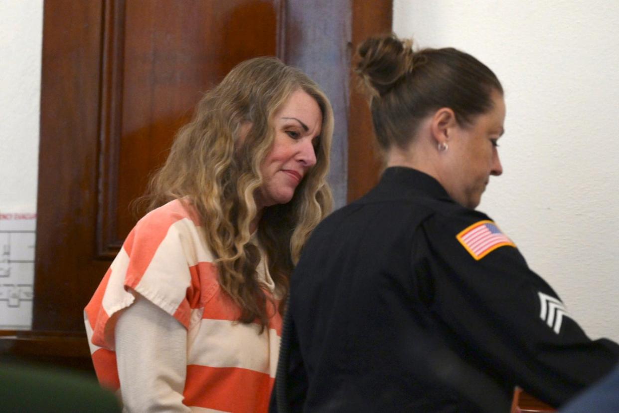 Lori Vallow Daybell makes her way into court for her sentencing hearing at the Fremont County Courthouse in St. Anthony, Idaho, on 31 July 2023 (AP)