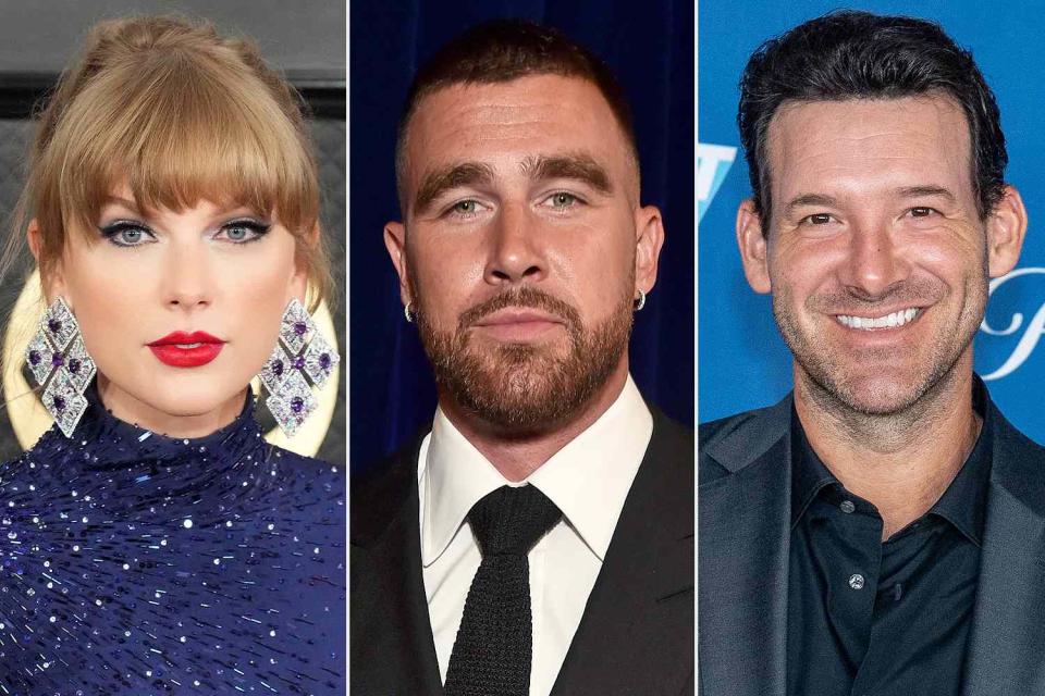 <p>Jeff Kravitz/FilmMagic; Alberto E. Rodriguez/Getty; Roy Rochlin/FilmMagic</p> Taylor Swift, Travis Kelce and Tony Romo