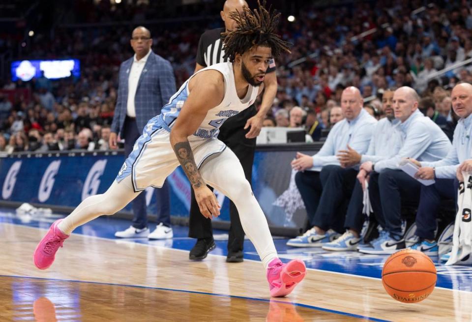 North Carolina’s R.J. Davis (4) looses control of the ball, tuning the ball over to N.C. State in the second half during the ACC Men’s Basketball Tournament Championship at Capitol One Arena on Saturday, March 16, 2024 in Washington, D.C.