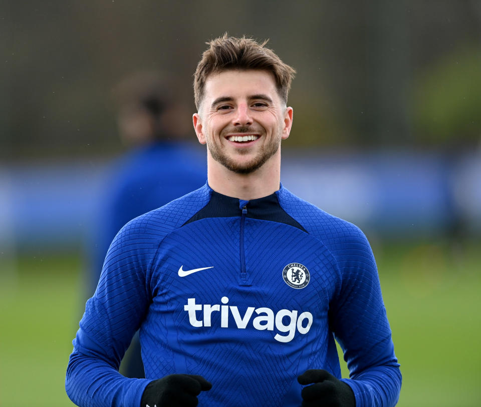 COBHAM, ENGLAND - MARCH 31: Mason Mount of Chelsea during a training session at Chelsea Training Ground on March 31, 2023 in Cobham, England. (Photo by Darren Walsh/Chelsea FC via Getty Images)