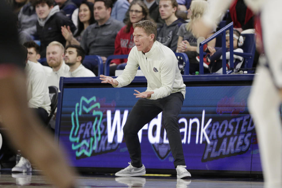 FILE - Gonzaga coach Mark Few directs the team during the first half of an NCAA college basketball game against Chicago State, March 1, 2023, in Spokane, Wash. The Bulldogs enter the season ranked No. 11 in the AP Top 25 but were not voted the favorite the West Coast Conference with Gonzaga picked second behind Saint Mary’s. (AP Photo/Young Kwak, File)