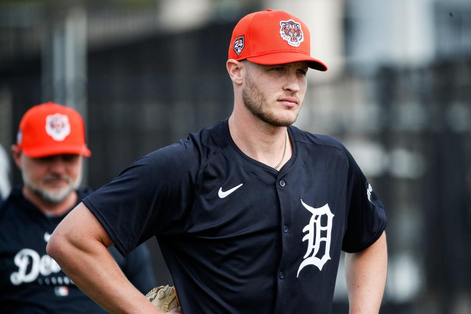 Detroit Tigers pitcher Matt Manning warms up during spring training at TigerTown in Lakeland, Fla. on Friday, Feb. 16, 2024.