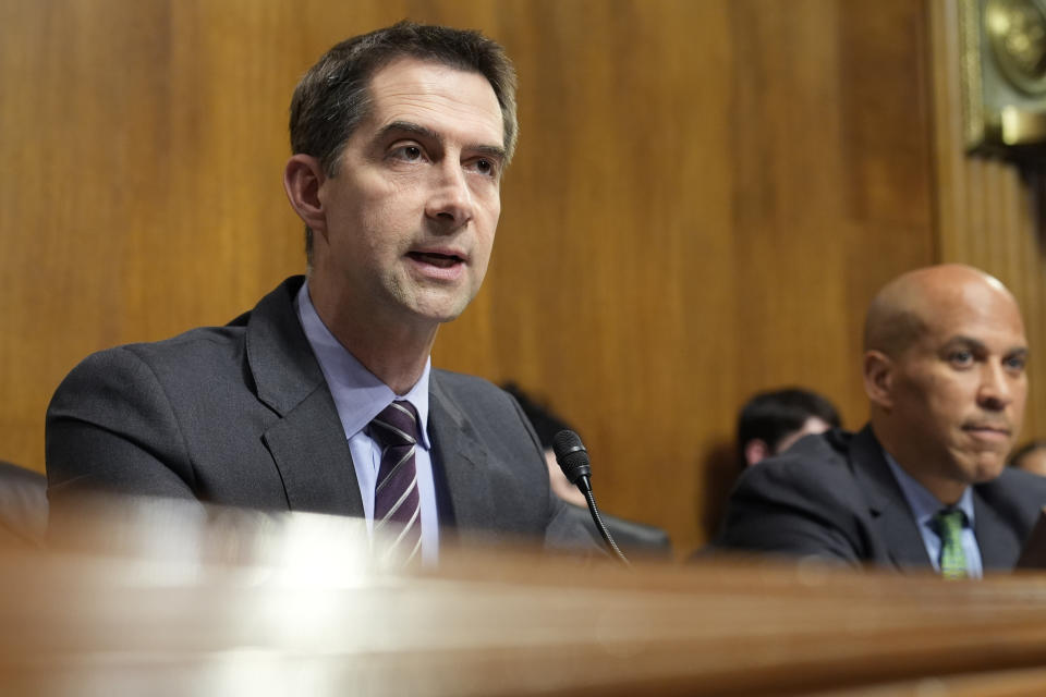 Senate Judiciary Subcommittee on Criminal Justice and Counterterrorism ranking member Sen. Tom Cotton, R-Ark., left, sitting next to Chair Sen. Cory Booker, D-N.J., right, speaks during a hearing on Capitol Hill in Washington, Tuesday, May 21, 2024, to examine forced labor in prisons. (AP Photo/Susan Walsh)