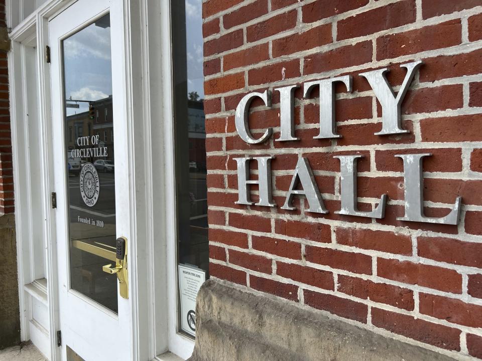 This Aug. 3, 2023 photo shows Circleville City Hall in Circleville, Ohio. In July, the K-9 program at the Circleville Police Department found itself under much greater scrutiny after police body and dash cameras recorded a police officer’s Belgian Malicious attacking a Black, kneeling trucker as he was surrendering alongside a highway with his hands up. (AP Photo/Patrick Orsagos)