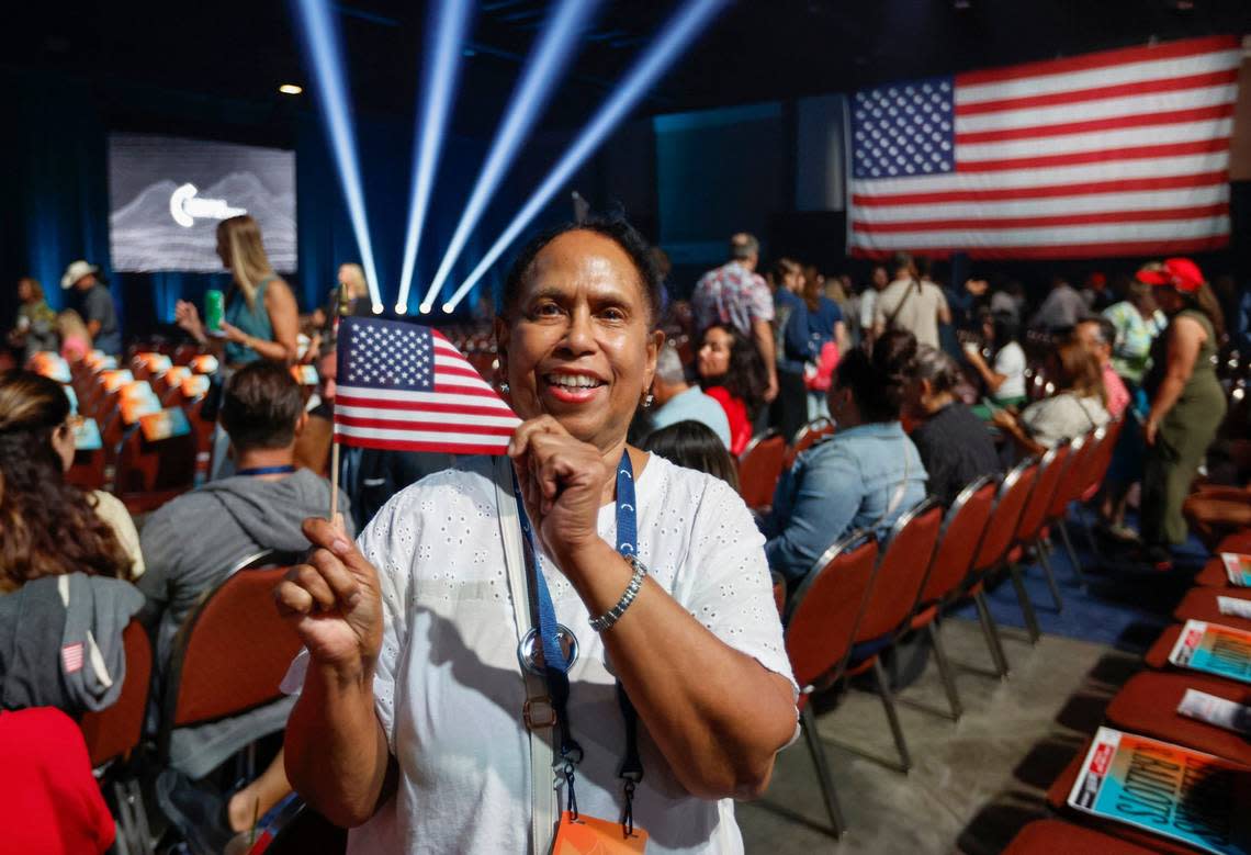 Janis Jordan, of Miami, arrives for the Turning Point Believers Summit at the Palm Beach County Convention Center on Friday, July 26, 2024.