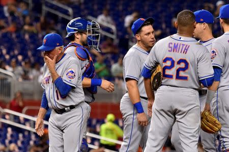 Sep 18, 2017; Miami, FL, USA; New York Mets manager Terry Collins (10) reacts after making a pitching change in the fifth inning against the Miami Marlins at Marlins Park. Mandatory Credit: Steve Mitchell-USA TODAY Sports