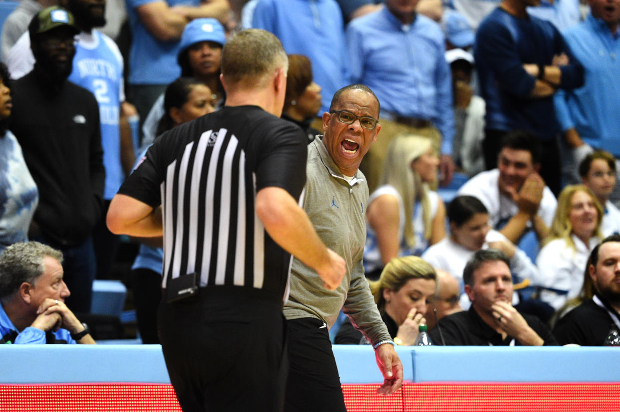 North Carolina head coach Hubert Davis reacts in the second half Monday at Dean E. Smith Center. (Bob Donnan/USA TODAY Sports)