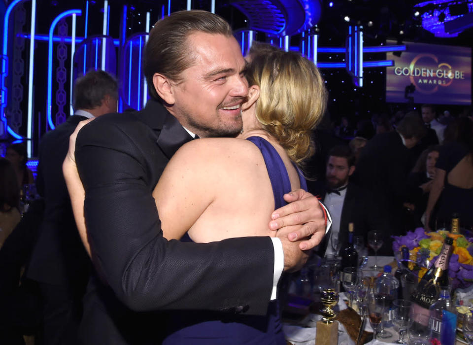 <p>The two besties embraced in the audience after their individual wins for <i>The Revenant</i> and <i>Steve Jobs </i>on Jan. 10. When asked about why she was so surprised that she won that night, <a href="http://www.usmagazine.com/celebrity-news/news/kate-winslet-im-focused-on-leonardo-dicaprio-winning-everything-w163021" rel="nofollow noopener" target="_blank" data-ylk="slk:Winslet replied,;elm:context_link;itc:0;sec:content-canvas" class="link ">Winslet replied, </a>“To be honest with you, because I’ve been so focused on Leo, and him winning everything and being so excited for him.” (Photo: Larry Busacca/NBC/Getty Images) </p>