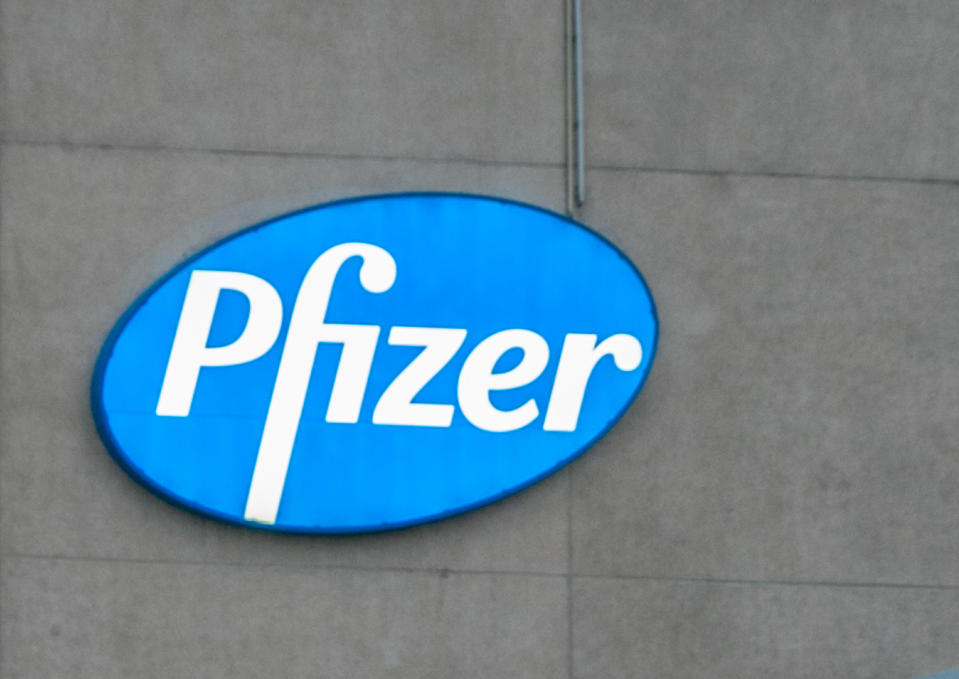 PUURS, BELGIUM - FEBRUARY 06: (BILD ZEITUNG OUT) The Pfizer logo on the exterior facade during massive supply shortages of Pfizer vaccine on February 06, 2021 in Puurs, Belgium. (Photo by Dieter Dewulf/DeFodi Images via Getty Images)