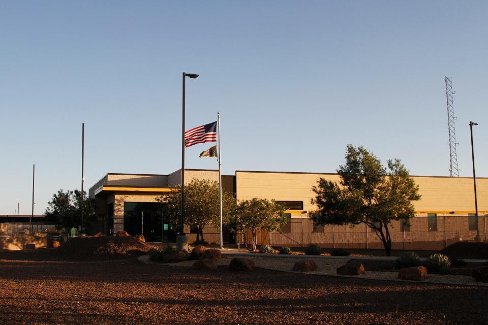 This June 20, 2019, file frame from video shows the entrance of a Border Patrol station in Clint, Texas. U.S. Customs and Border Protection has told a Texas congresswoman Monday, June 24, that the agency is quickly removing children from the patrol station following reports that children locked inside were in a perilous situation.