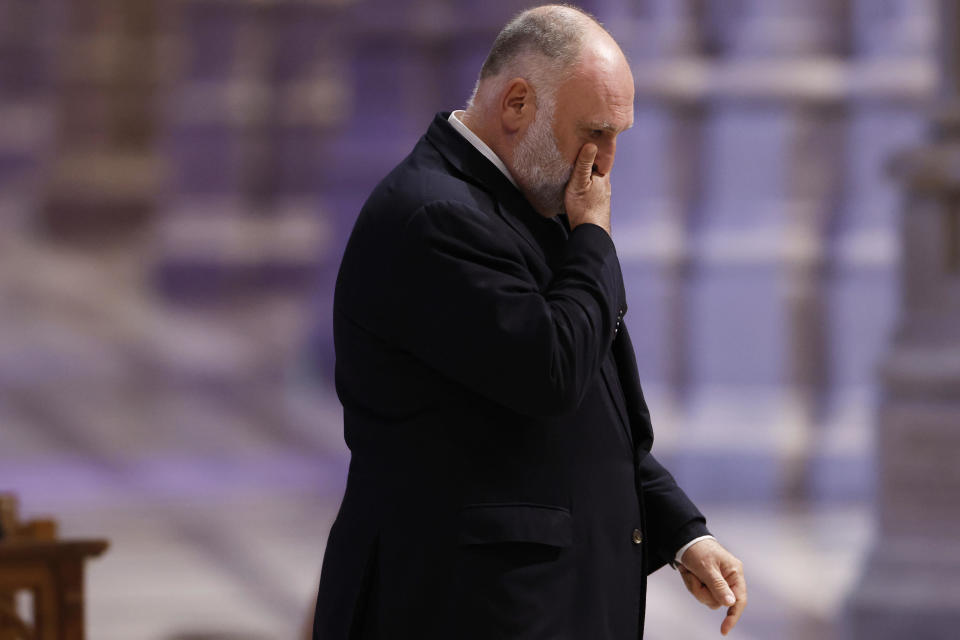 José Andrés, founder of the World Central Kitchen, arrives to a memorial service for the seven World Central Kitchen aid workers who were killed in Gaza, at the Washington National Cathedral on April 25, 2024 in Washington, DC. / Credit: Anna Moneymaker/Getty Images