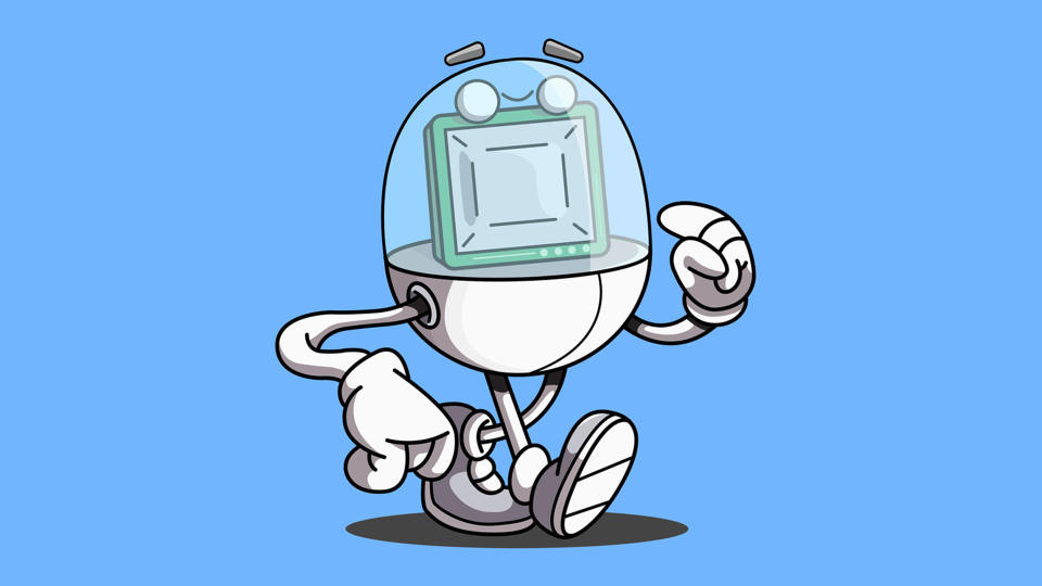 A cartoon CPU on a blue background.